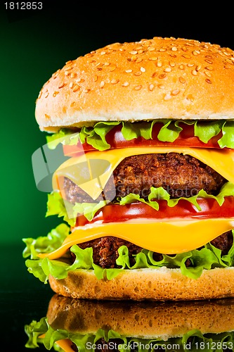 Image of Tasty and appetizing hamburger on a darkly green