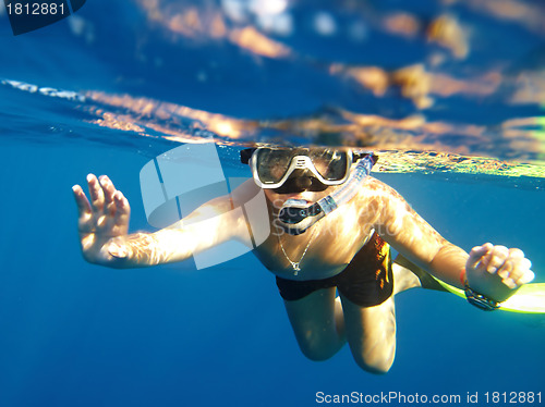 Image of  boy floats under water