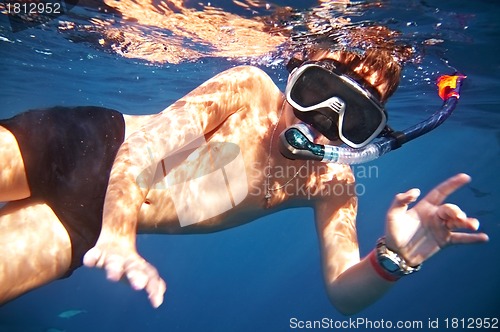 Image of  boy floats under water