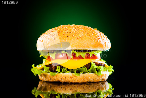 Image of Tasty hamburger and french fries on a dark