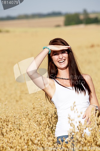 Image of happy couple in love outdoor in summer on field