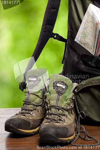 Image of backpack and shoes backpackers