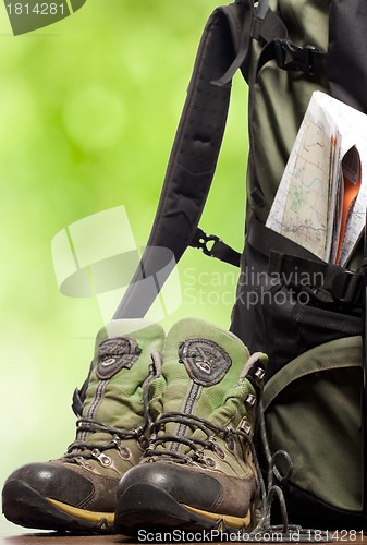 Image of backpack and shoes backpackers