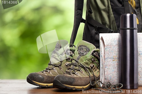 Image of backpack and shoes backpackers