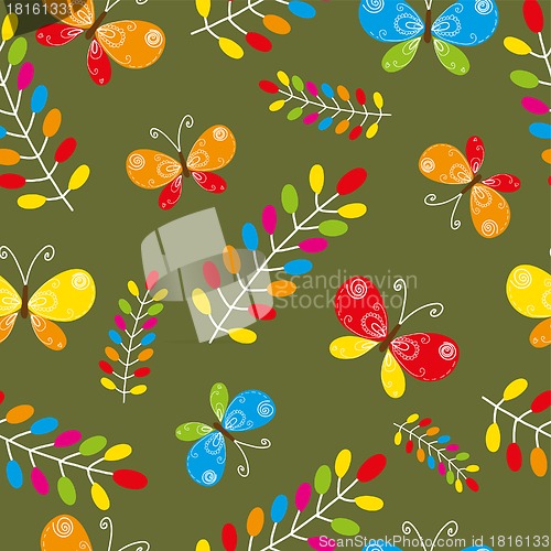 Image of  Floral seamless pattern with bird and butterflies