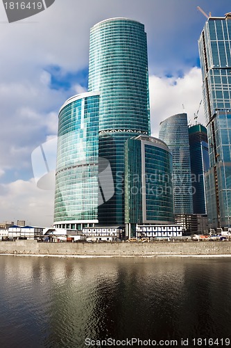 Image of Modern skyscrapers at sunset