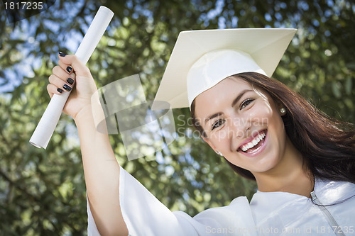 Image of Graduating Mixed Race Girl In Cap and Gown with Diploma