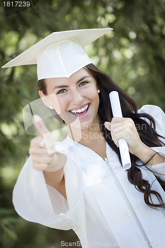 Image of Graduating Mixed Race Girl In Cap and Gown with Diploma