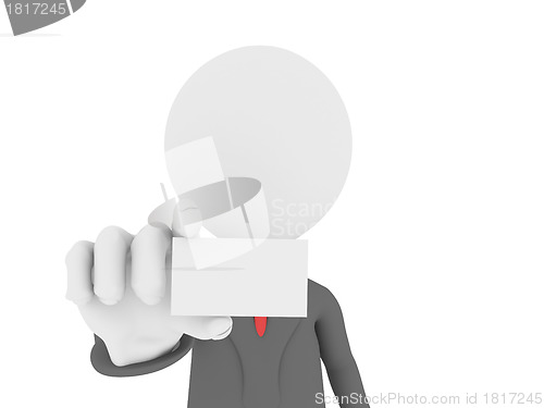 Image of 3d Businessman in office showing a blank business card