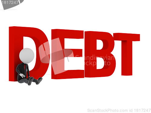 Image of 3d man sitting sad with text 'debt'. 