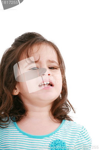 Image of Portrait of little girl crying. Isolated on white background. 