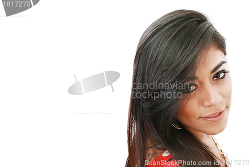 Image of Potrait of an attractive young fashion model female smiling agai