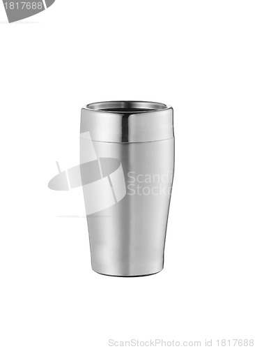 Image of Big steel cup with lid and handle isolated on white