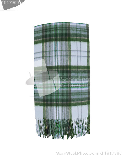 Image of Colorful Wool green Plaid Scarf with trim isolated on white