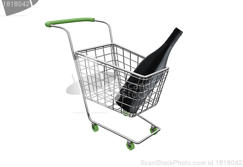 Image of shopping cart with big wine bottle isolated on white background