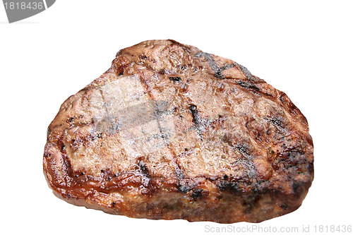 Image of sizzling hot fresh grilled boneless rib eye steak isolated on white