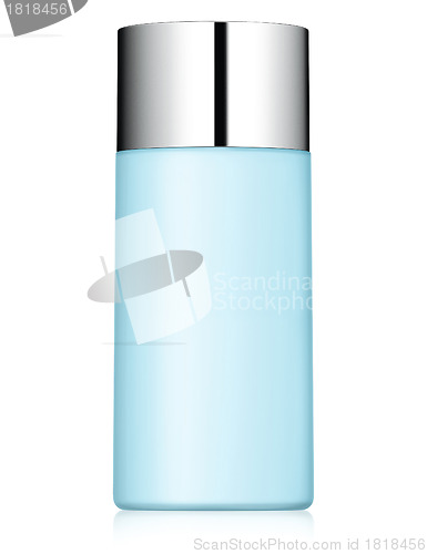 Image of close up of a blue bottle on white background