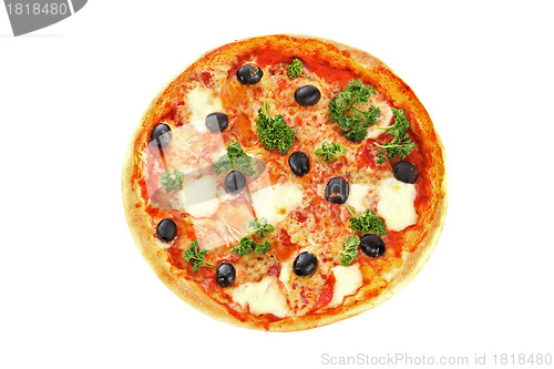 Image of pizza with olives isolated on white