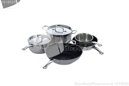 Image of Stainless steel pots and pans isolated on white