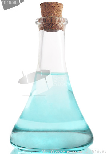 Image of A glass bottle with blue liuqid