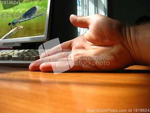 Image of The hand of the person near a computer