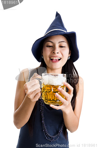 Image of beautiful woman with a huge draft beer