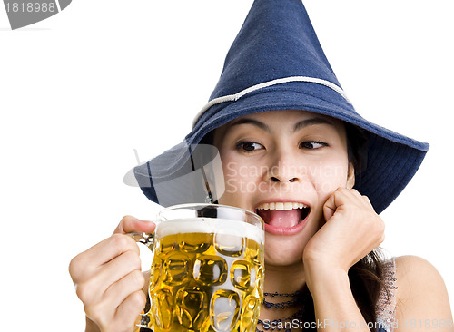 Image of happy asian with beer