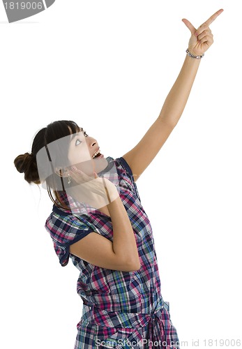 Image of woman pointing up at something