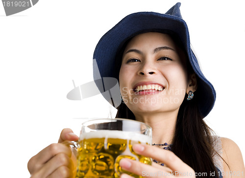 Image of beautiful asian with hat and beer