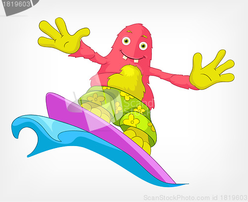 Image of Funny Monster. Surfing.