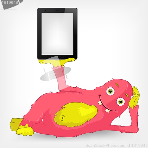 Image of Funny Monster. Tablet User.