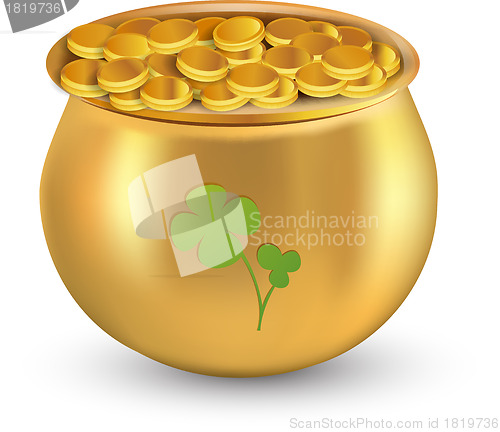 Image of Gold coins pot with clover leaf against white background for St. Patrick's Day. Gradient mesh graphic. 