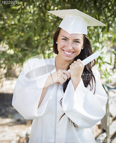 Image of Graduating Mixed Race Girl In Cap and Gown with Diploma