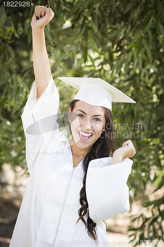 Image of Happy Graduating Mixed Race Girl In Cap and Gown