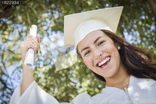 Image of Graduating Mixed Race Girl In Cap and Gown with Diploma