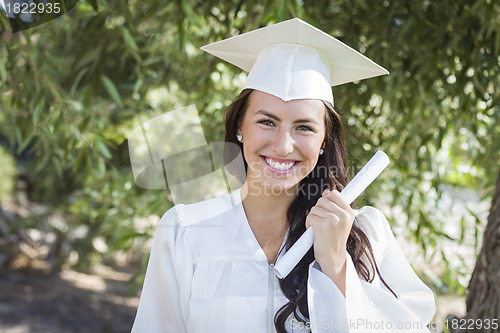 Image of Graduating Mixed Race Girl In Cap and Gown with Diploma