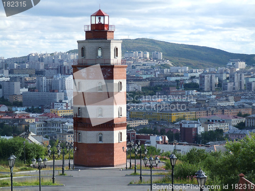Image of Lighthouse and Murmansk city panorama