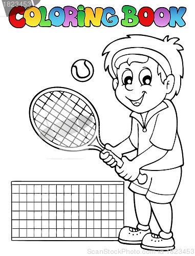 Image of Coloring book cartoon tennis player