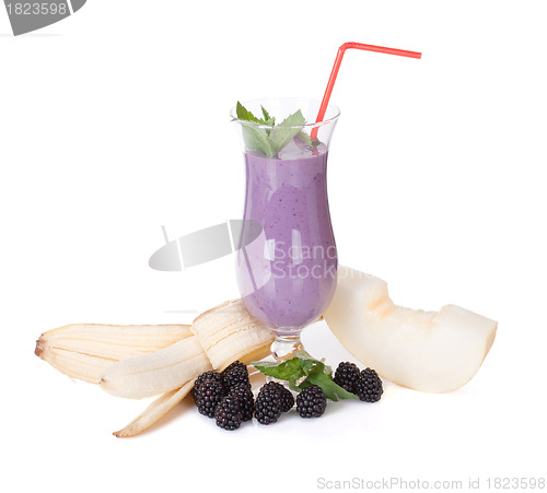 Image of smoothie with banana blackberry melon and fresh mint 