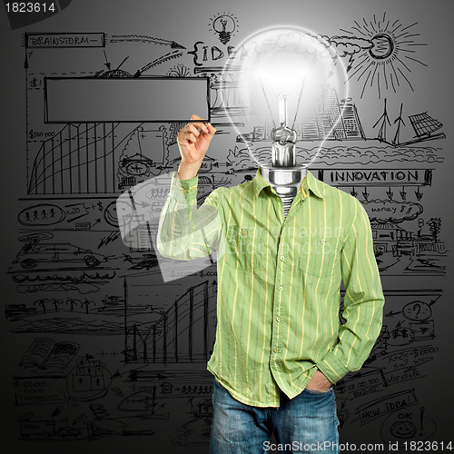 Image of Lamp Head Businessman Writing Something