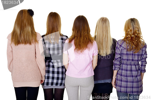 Image of Group of young women - rear view isolated on white