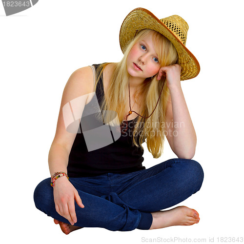 Image of Blonde girl dressed in a rustic style