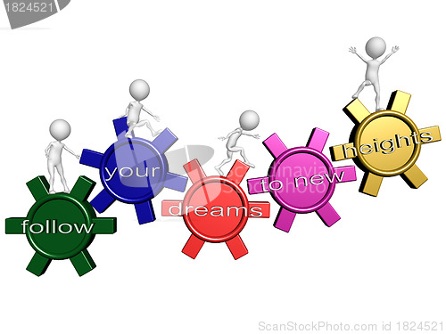 Image of A team of people walking upward on connected gears with the word