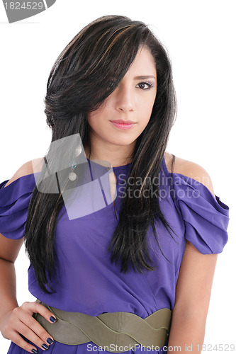 Image of Fashion luxury portrait of young girl teenager in purple style d