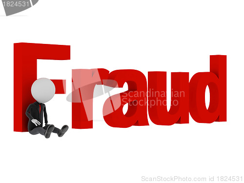 Image of 3d man tied with text 'fraud' after committing crime. 