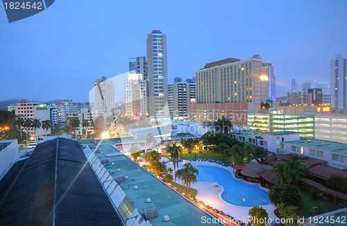 Image of Panama close cityscape Top view with blue pool sorrounded by bui