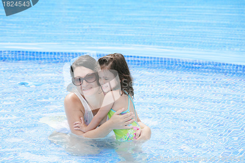 Image of Mother and her baby having fun in the swimming pool. 