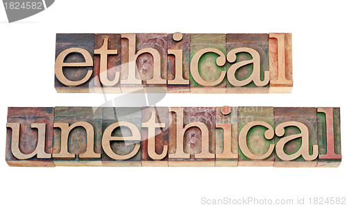 Image of ethical and unethical words in wood type