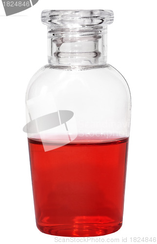 Image of Small vial with red liquid on white background