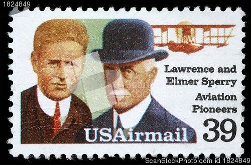 Image of Stamp printed in USA shows Lawrence and Elmer Sperri, Aviation Pioneers